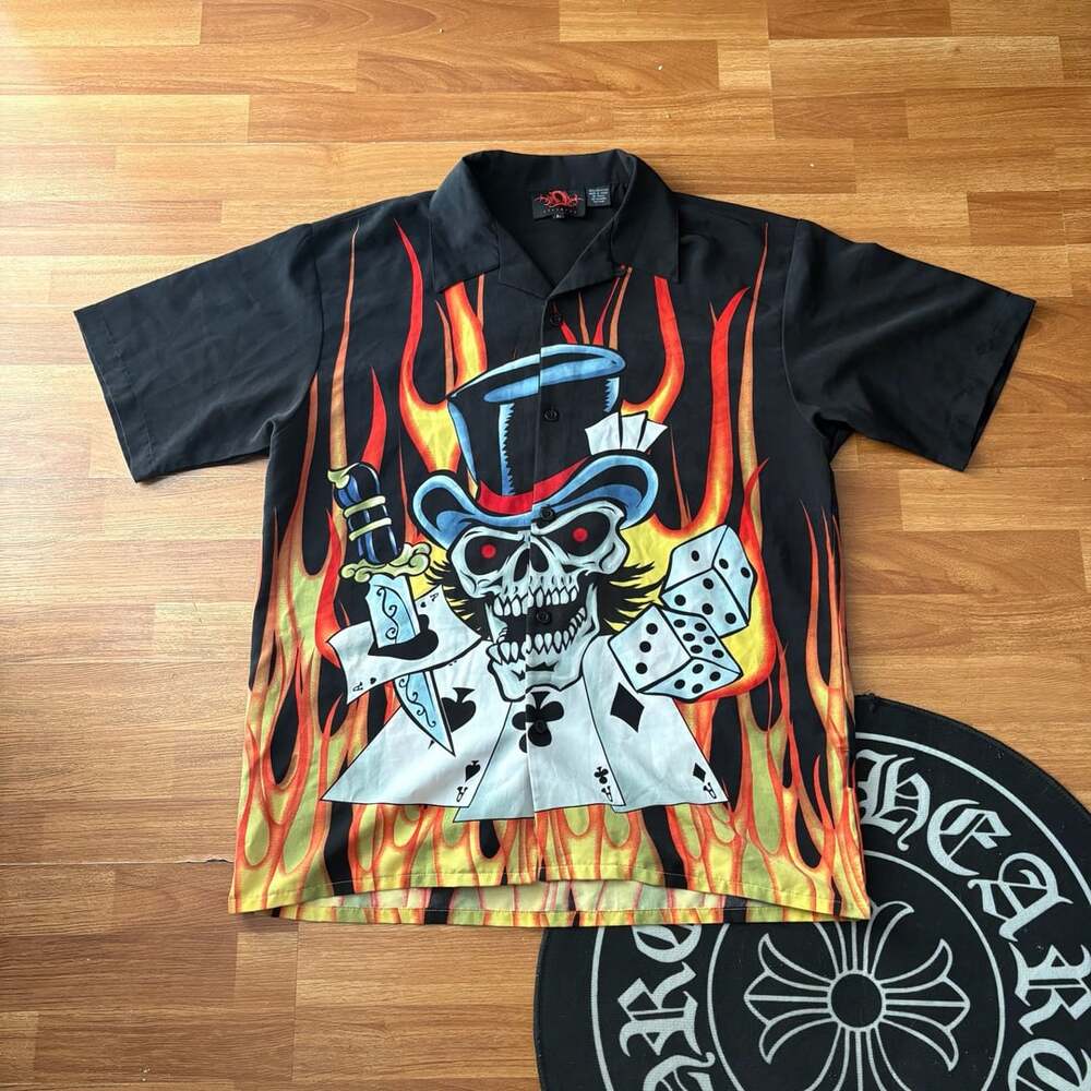 Vintage Y2K Skull Dice Poker Flames Black Short Sleeve Button Up Shirt